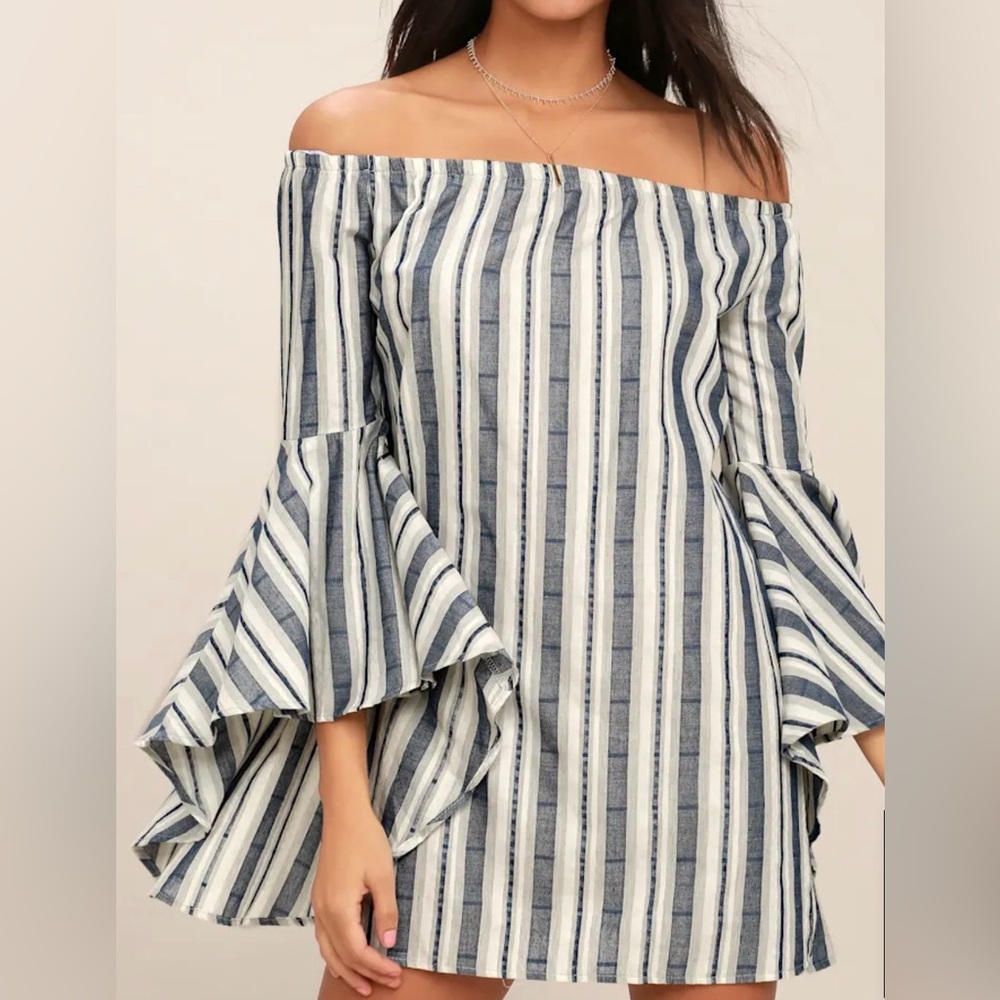 Lulu's Navy and White Striped Off-Shoulder Mini Dress Small